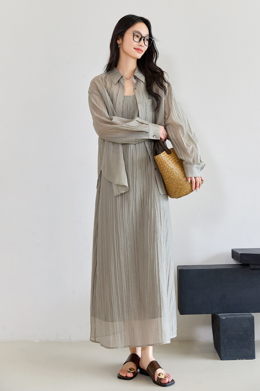 Tea Color Pleated Set-VIMLYSTORE