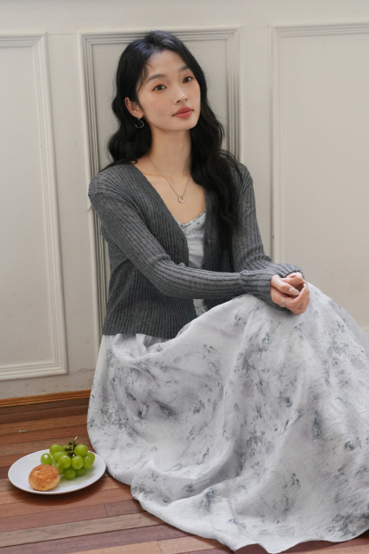 Knitted Cardigan And Floral Long Skirt Combination