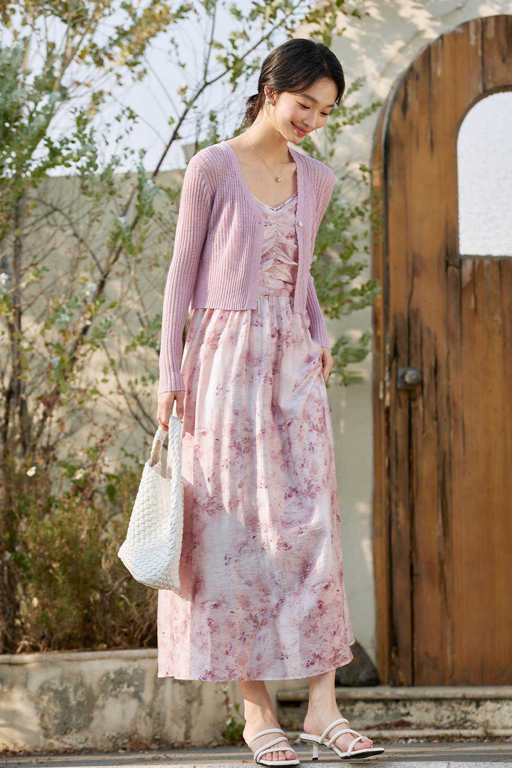 Knitted Cardigan And Floral Long Skirt Combination