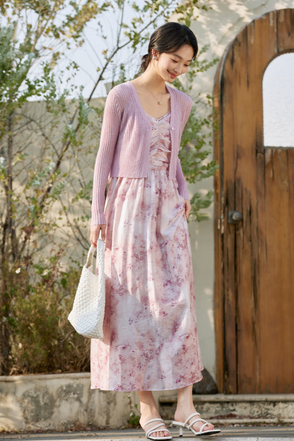Knitted Cardigan And Floral Long Skirt Combination