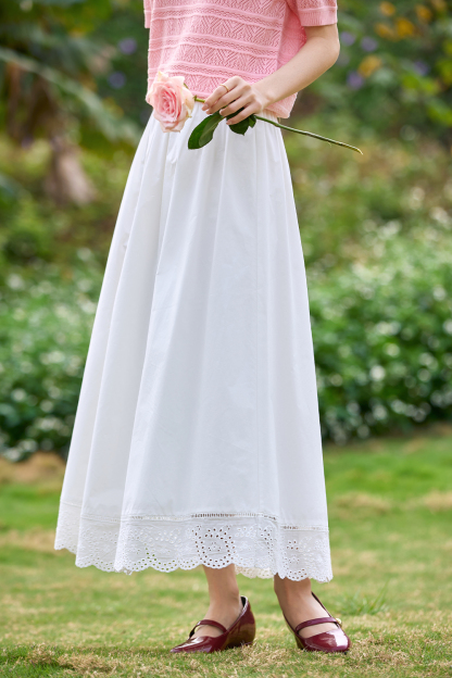 Lace-Edged White Long Skirt