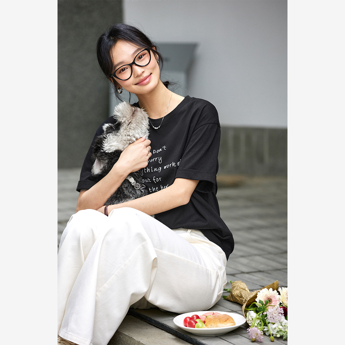 Letter Embroidered Round Neck T-Shirt
