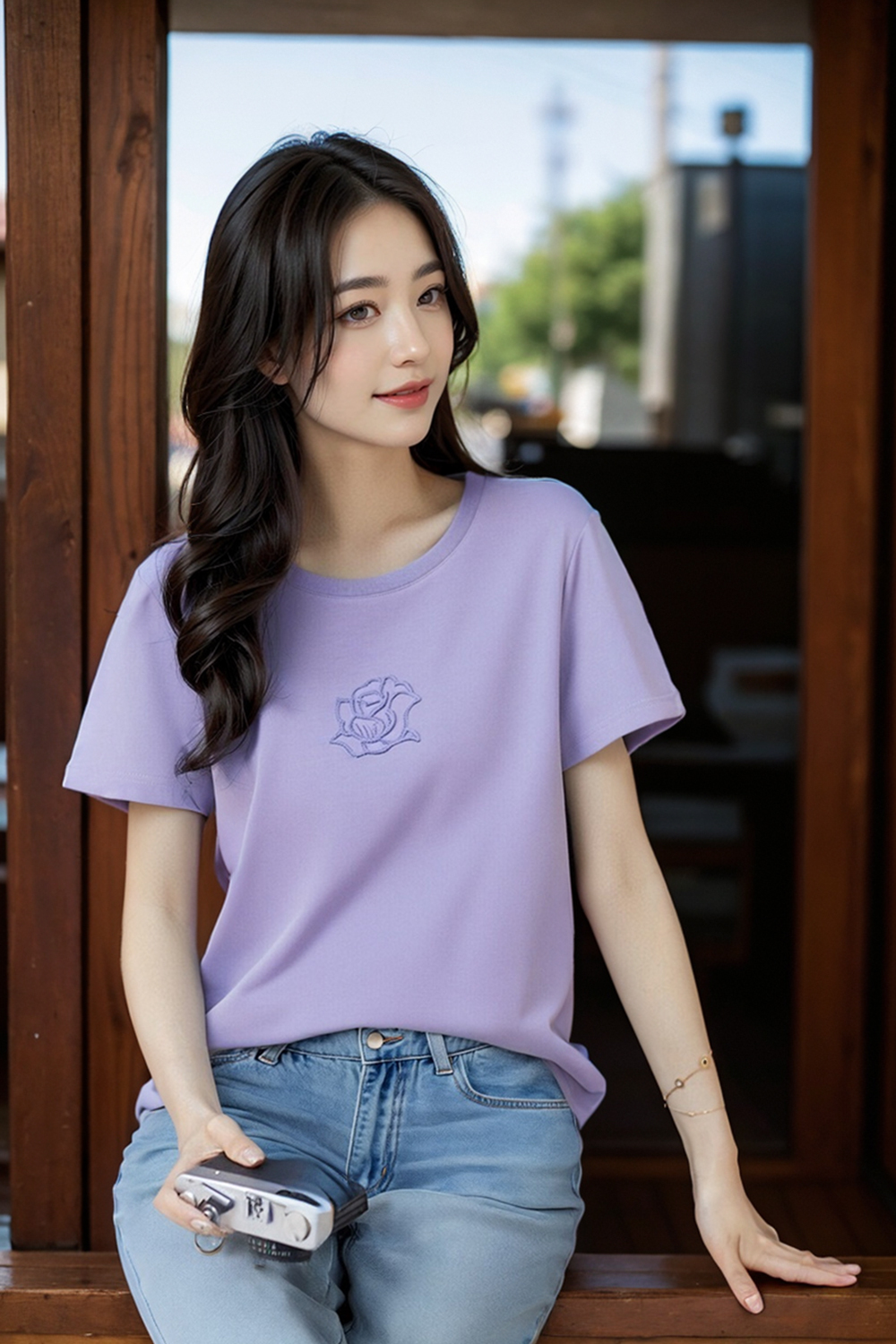 Toothbrush Embroidered Flower Design Loose T-Shirt