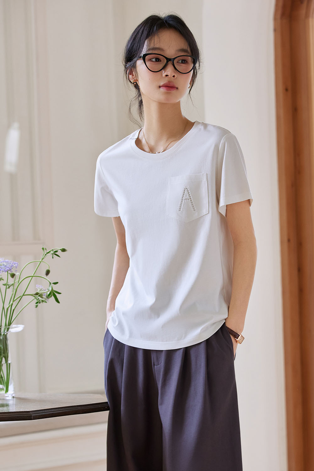 Hollow A Letter Embroidered T-Shirt