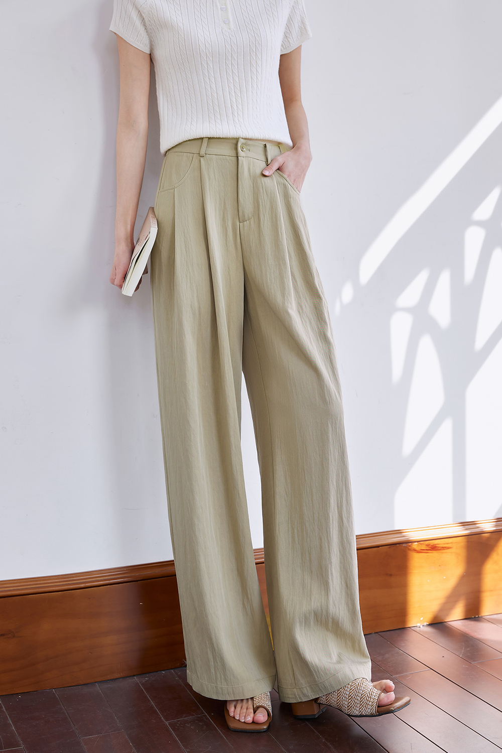 Woven Mid-Waist Casual Wide-Leg Pants