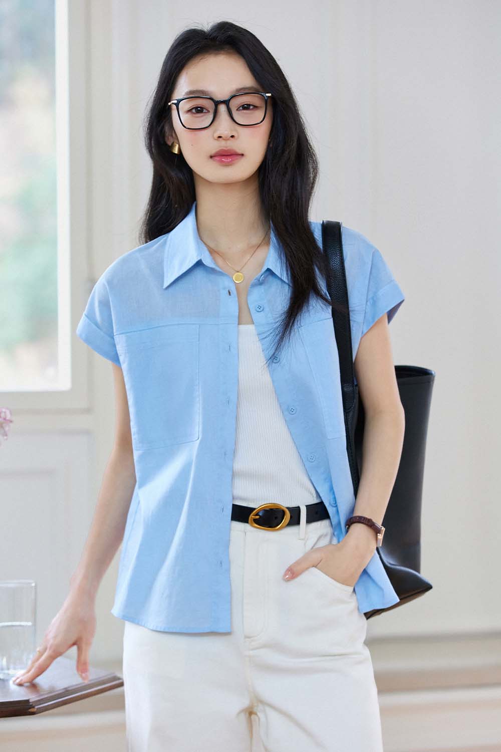 Cotton And Linen Blend Straight Shirt