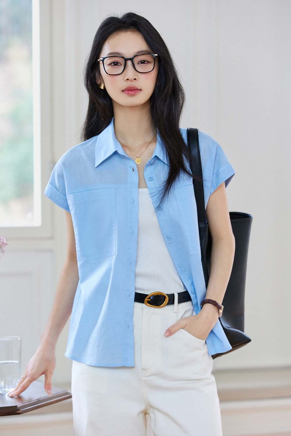 Cotton And Linen Blend Straight Shirt