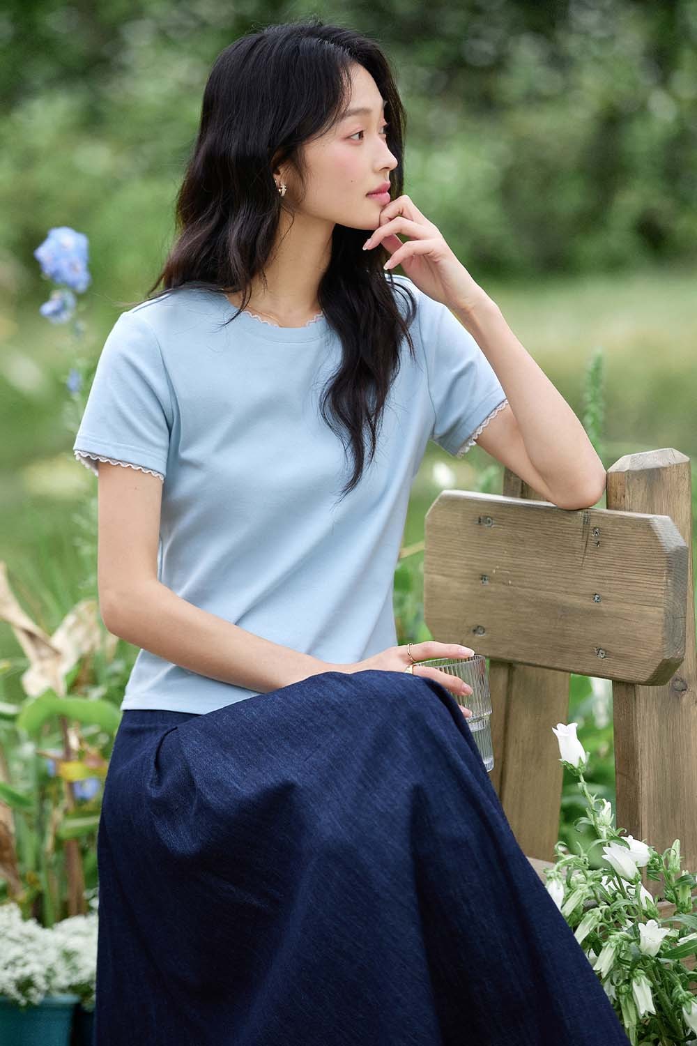 Paneled Round Neck Straight T-Shirt