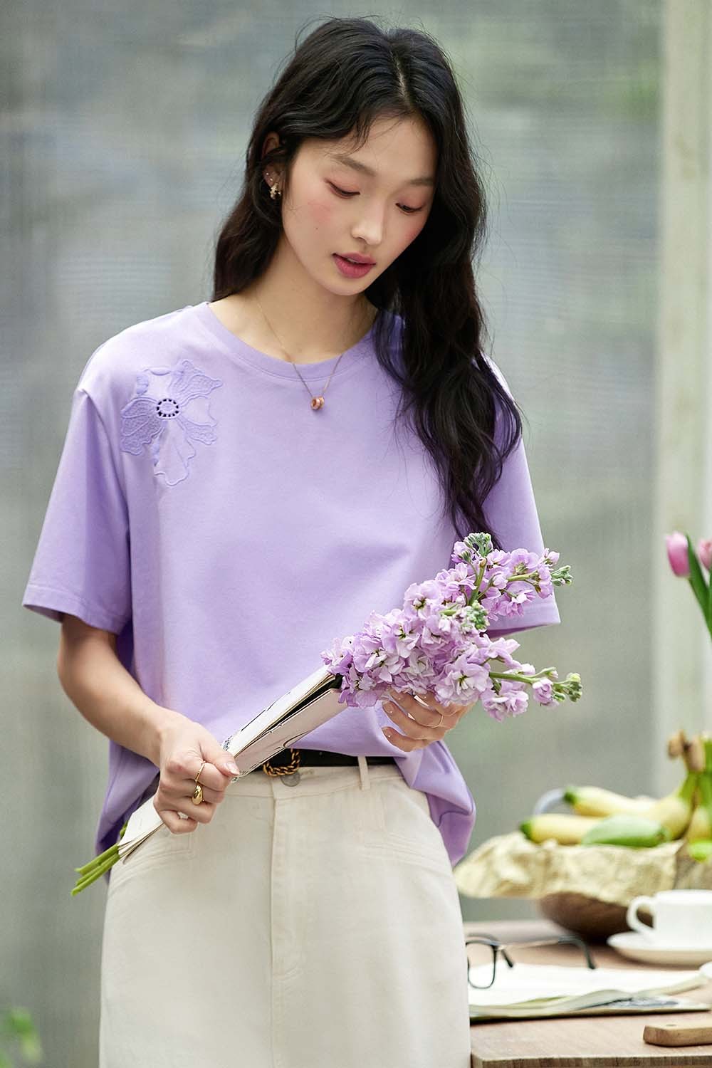Hollow Flower Embroidery Straight T-Shirt-VIMLYSTORE