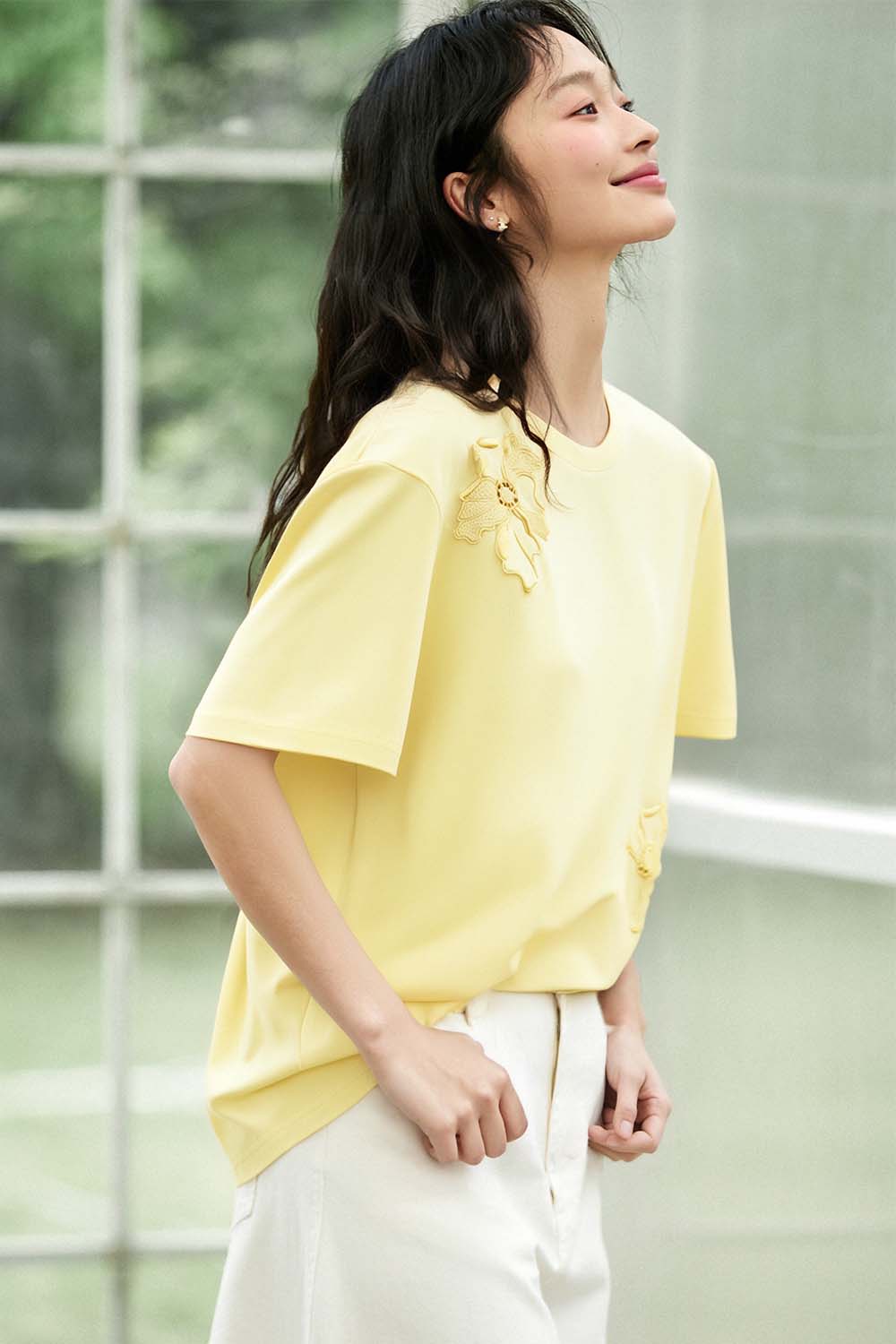 Hollow Flower Embroidery Straight T-Shirt-VIMLYSTORE