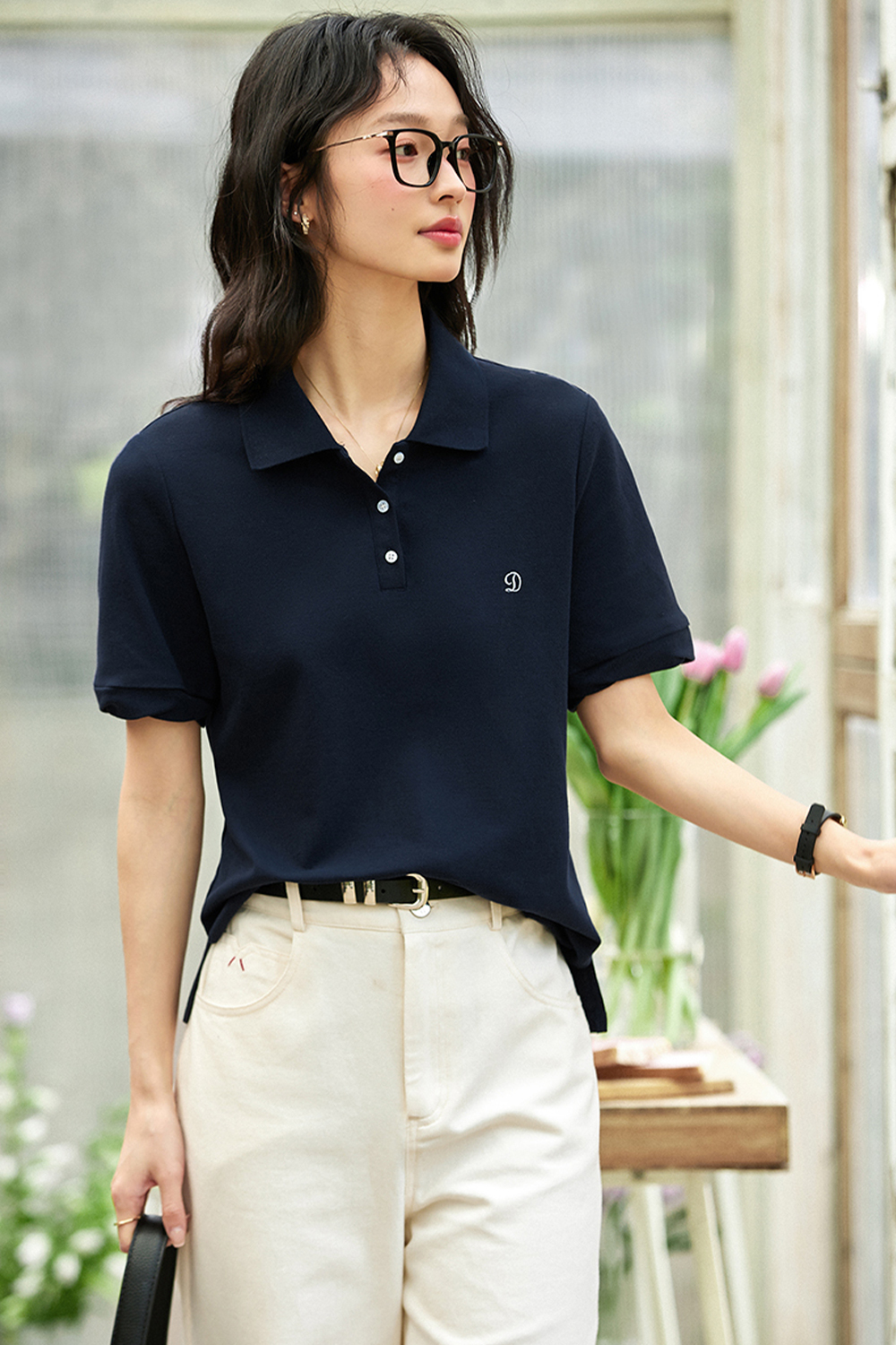 Polo Collar Embroidered Casual T-shirt-VIMLYSTORE