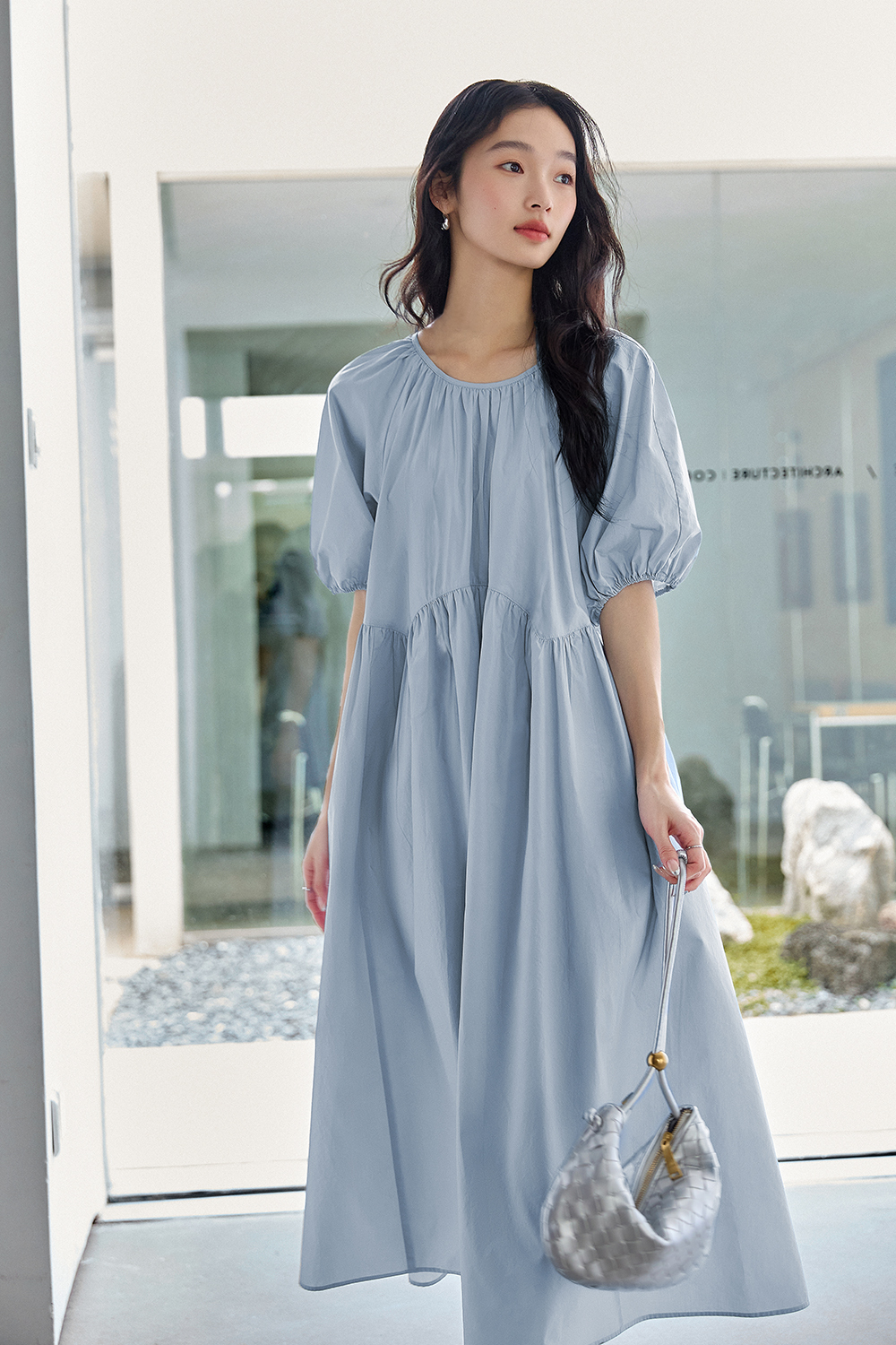 Minimalist Cotton Puff-Sleeve Relaxed Dress-VIMLYSTORE