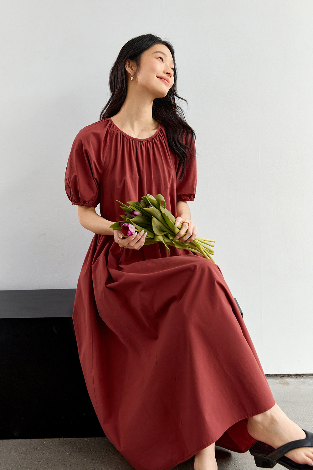 Minimalist Cotton Puff-Sleeve Relaxed Dress-VIMLYSTORE