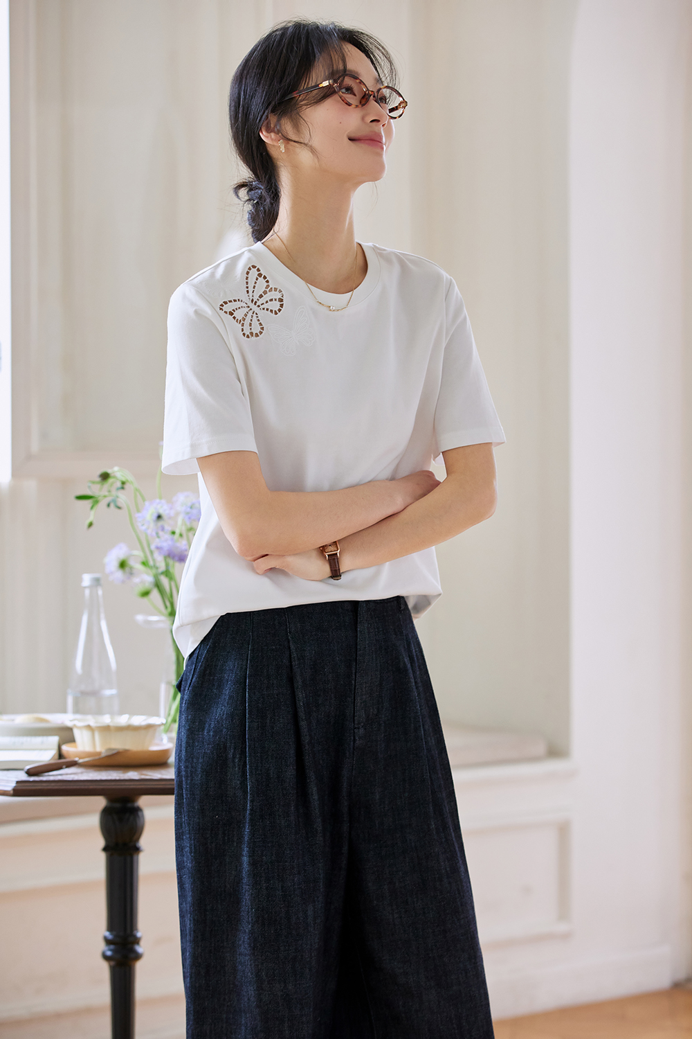 Cotton Round Neck Short-Sleeve Tee with Butterfly Cut-Out Embroidery-VIMLYSTORE