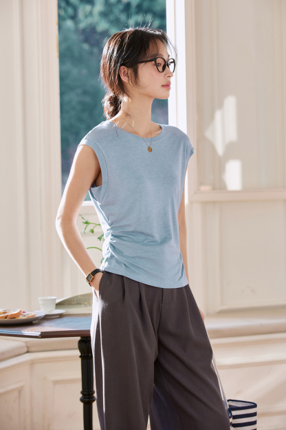 Office-Chic Ruched Waist Top with Round Neck