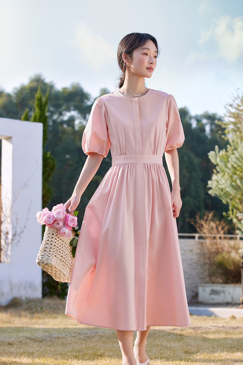 French-Elegance Slimming Puff-Sleeve Midi Dress-VIMLYSTORE