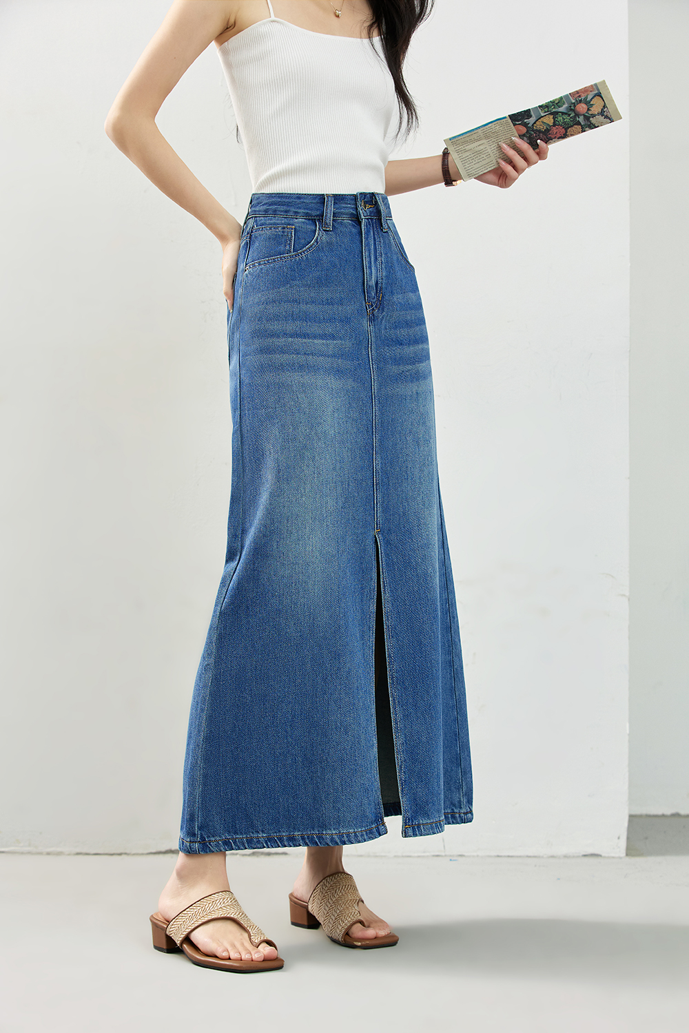 High-Waist A-Line Denim Skirt with Retro Slit Detail-VIMLYSTORE