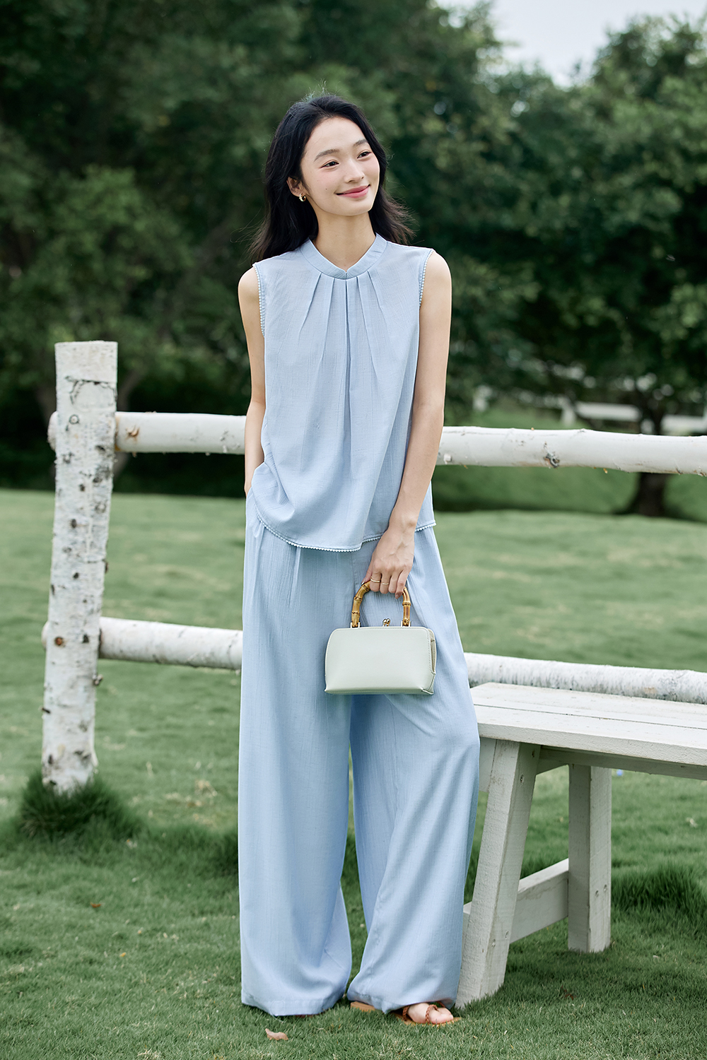 Modern-Chinese Stand-Collar Top & Slimming Wide-Leg Pants Set-VIMLYSTORE