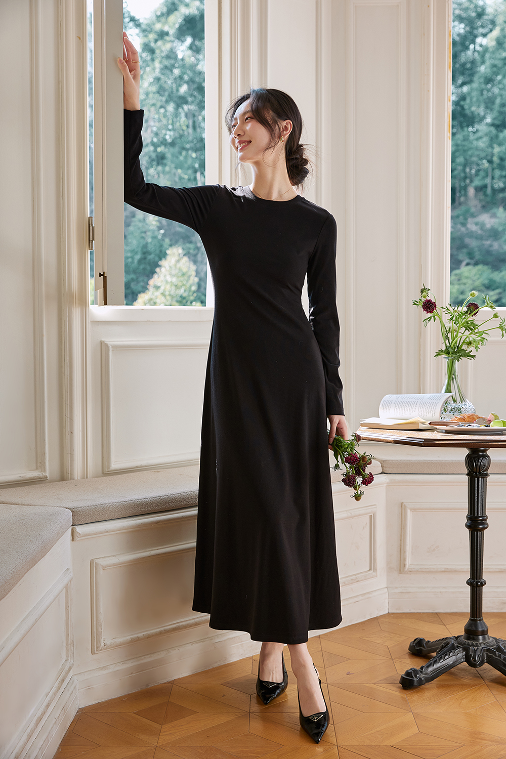 Round neck pullover Commuter Waist Slim dress-VIMLYSTORE