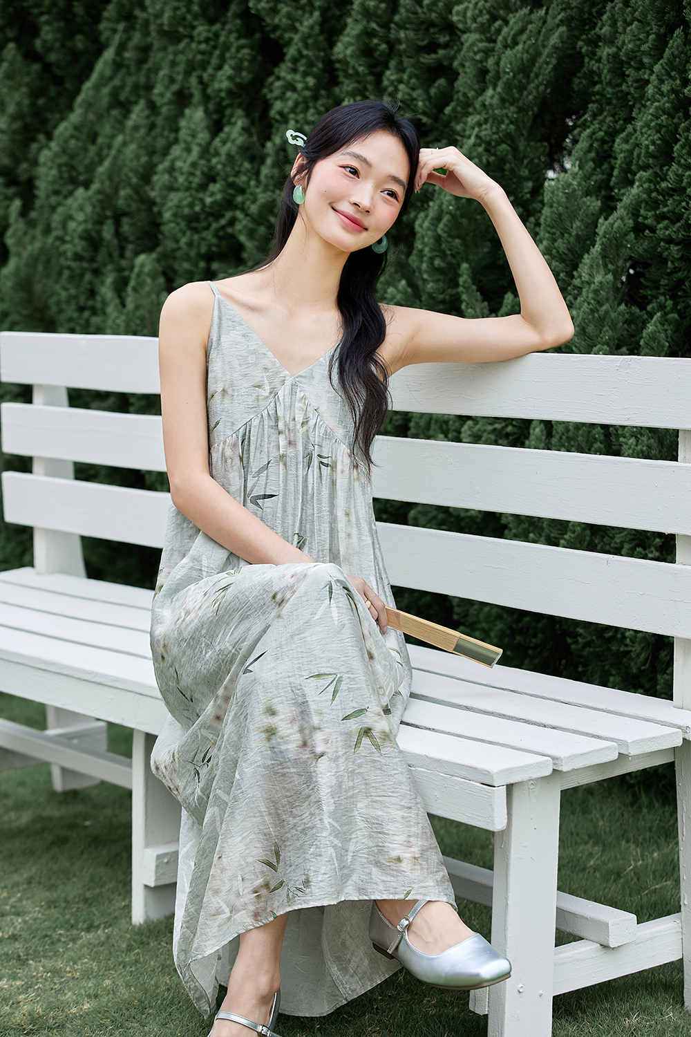 Contemporary Chinese V-Neck Lyocell Slip A-Line Maxi Dress-VIMLYSTORE