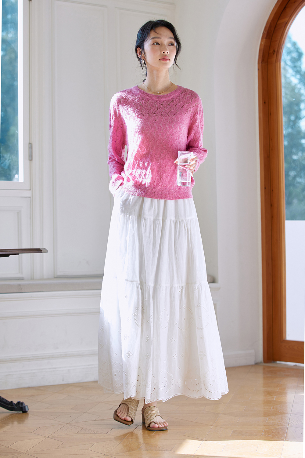 White Cotton A-Line Skirt with Delicate Cut-Out Embroidery-VIMLYSTORE
