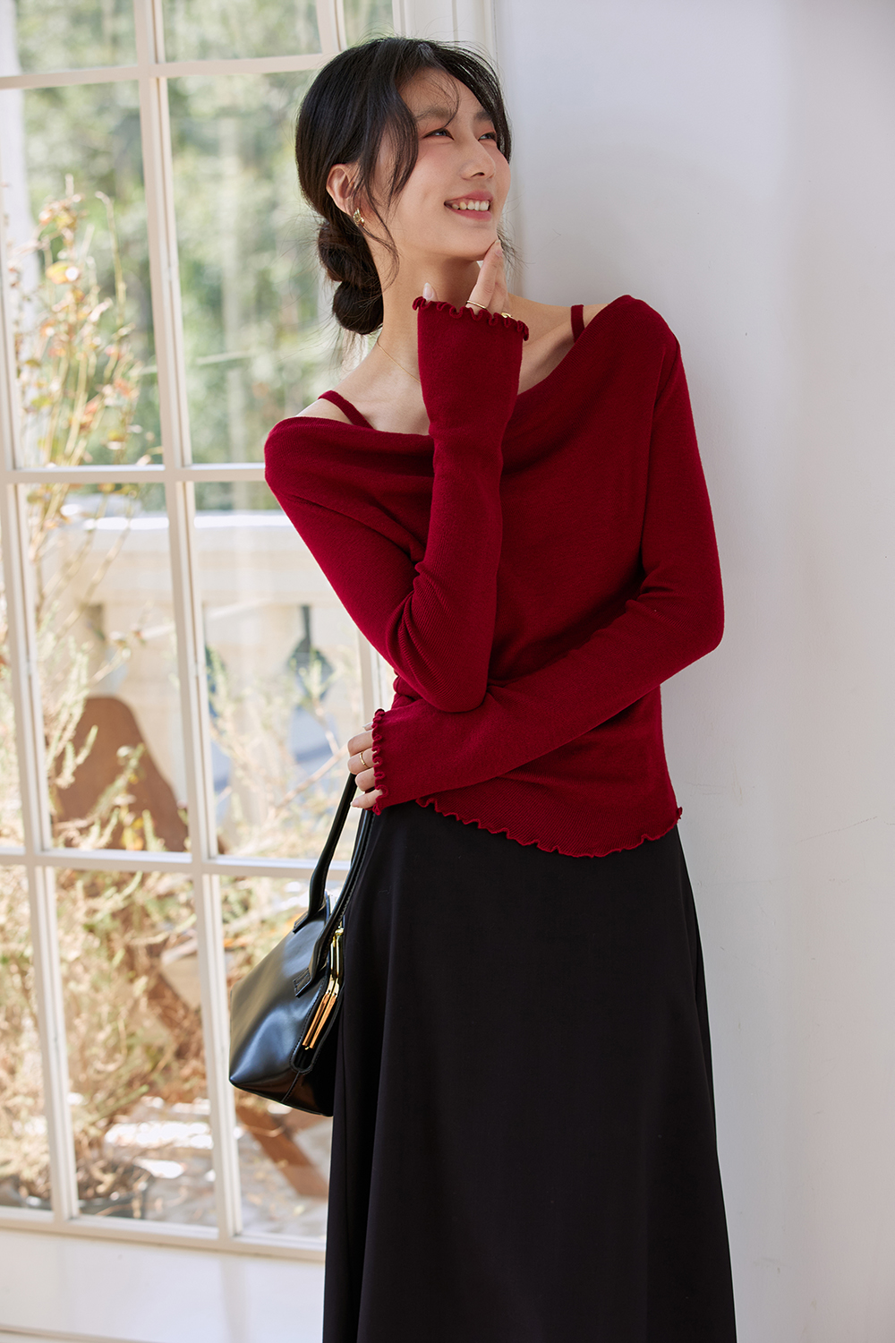 Boat-Neck Wool Knit Sweater with Statement Sleeves-VIMLYSTORE