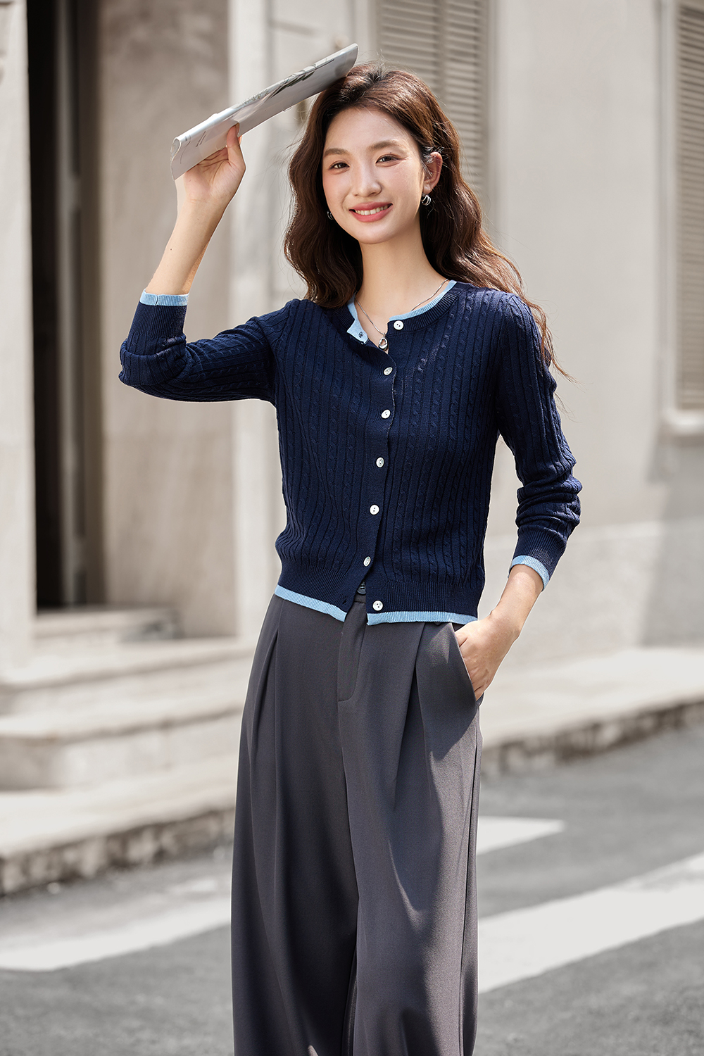 Color-Block Ribbed Knit Cardigan with Faux Underlayer