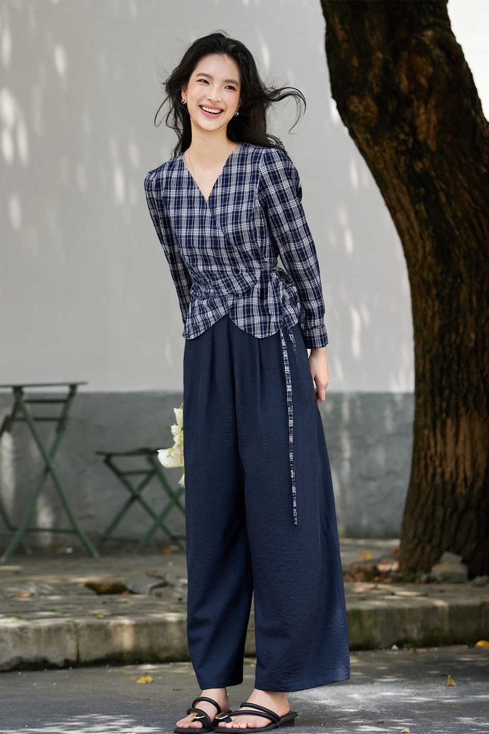 Blue plaid shirt and wide-leg pants-VIMLYSTORE