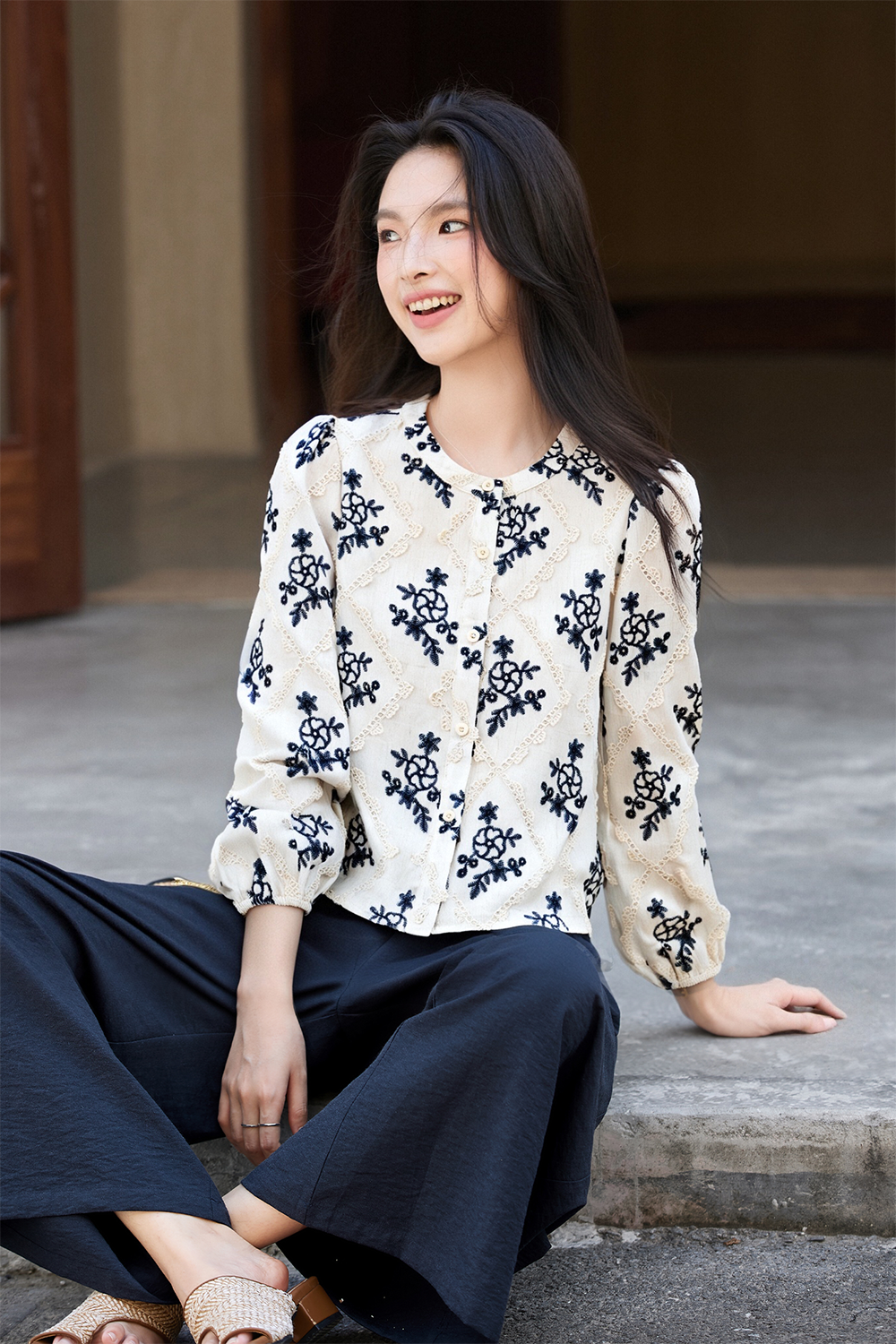 Linen Notch-Neck Top & Wide-Leg Pants Set-VIMLYSTORE