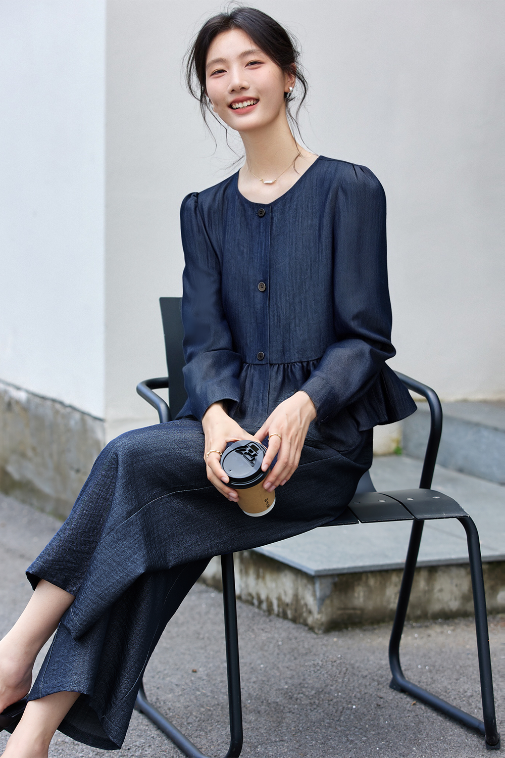 Navy Fluid-Knit Top & Wide-Leg Pants Coordinated Set-VIMLYSTORE