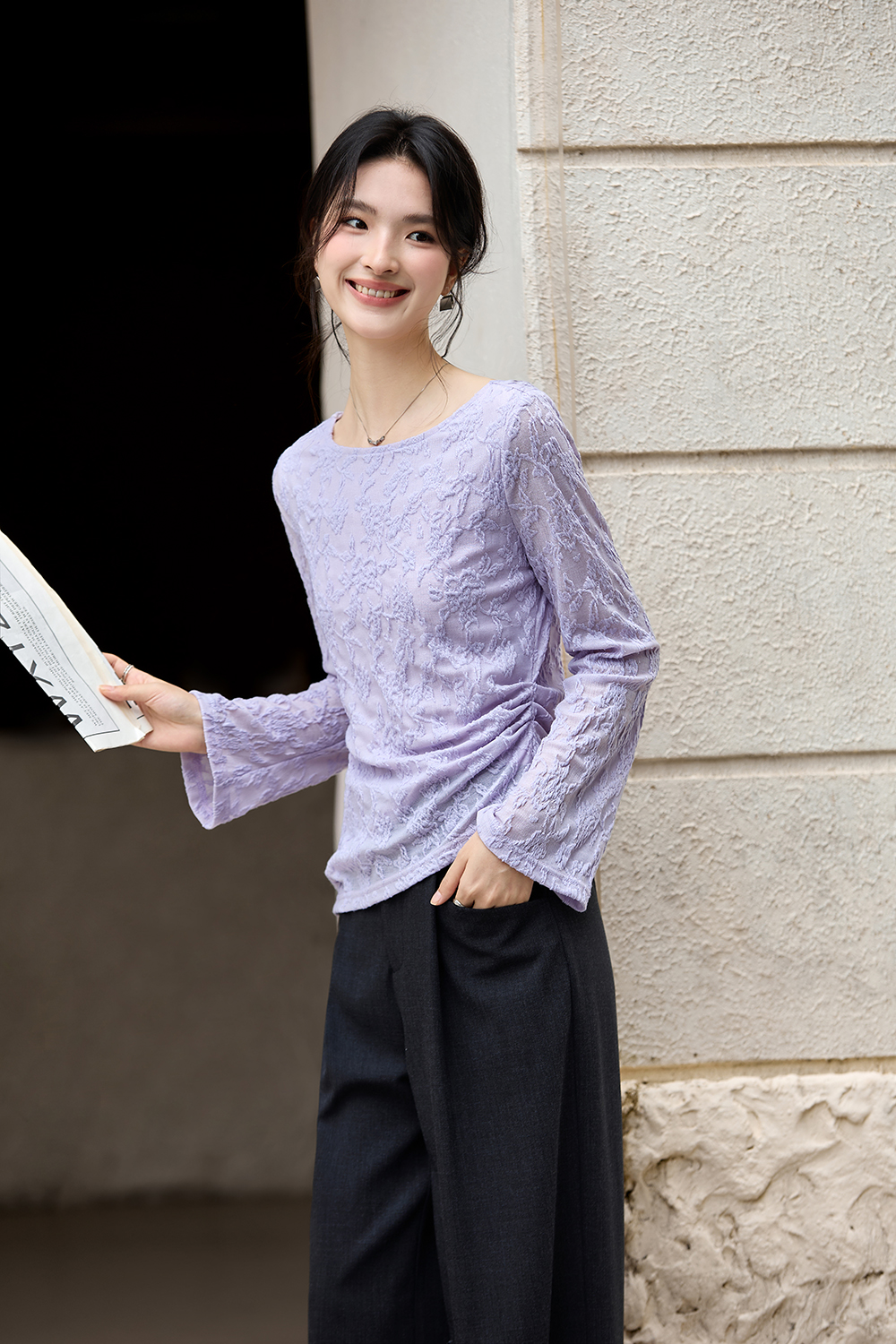 Lace-Trimmed Boatneck Top with Smocked Waist-VIMLYSTORE