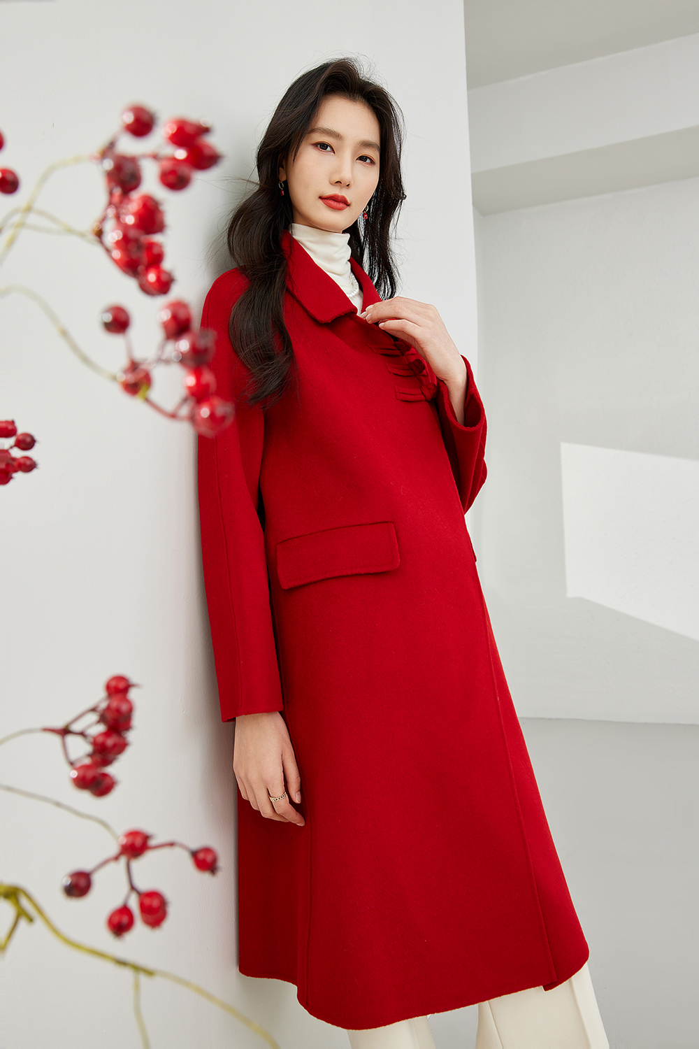 New Chinese Style Red Double-Faced Wool Coat