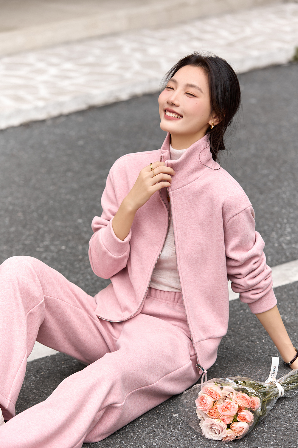 Pink stand collar zipper tracksuit