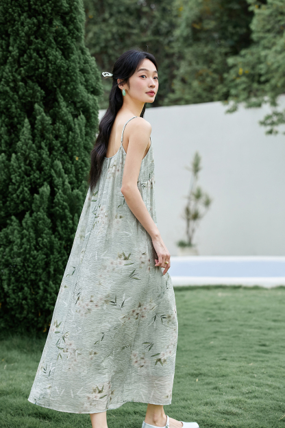 Contemporary Chinese V-Neck Lyocell Slip A-Line Maxi Dress-VIMLYSTORE