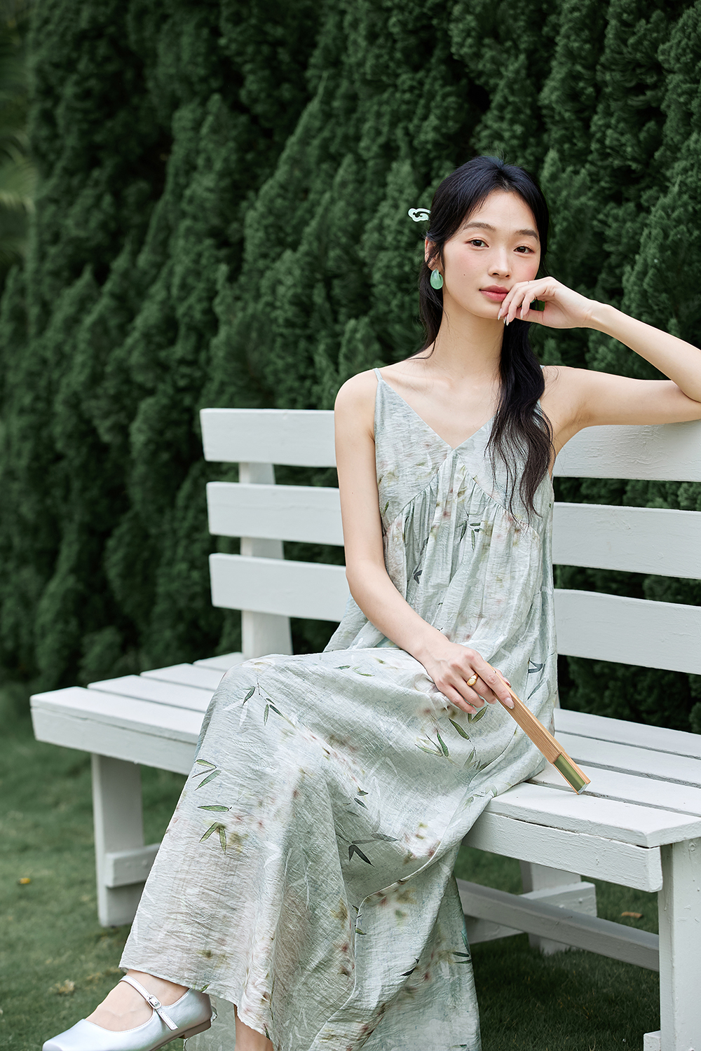 Contemporary Chinese V-Neck Lyocell Slip A-Line Maxi Dress-VIMLYSTORE