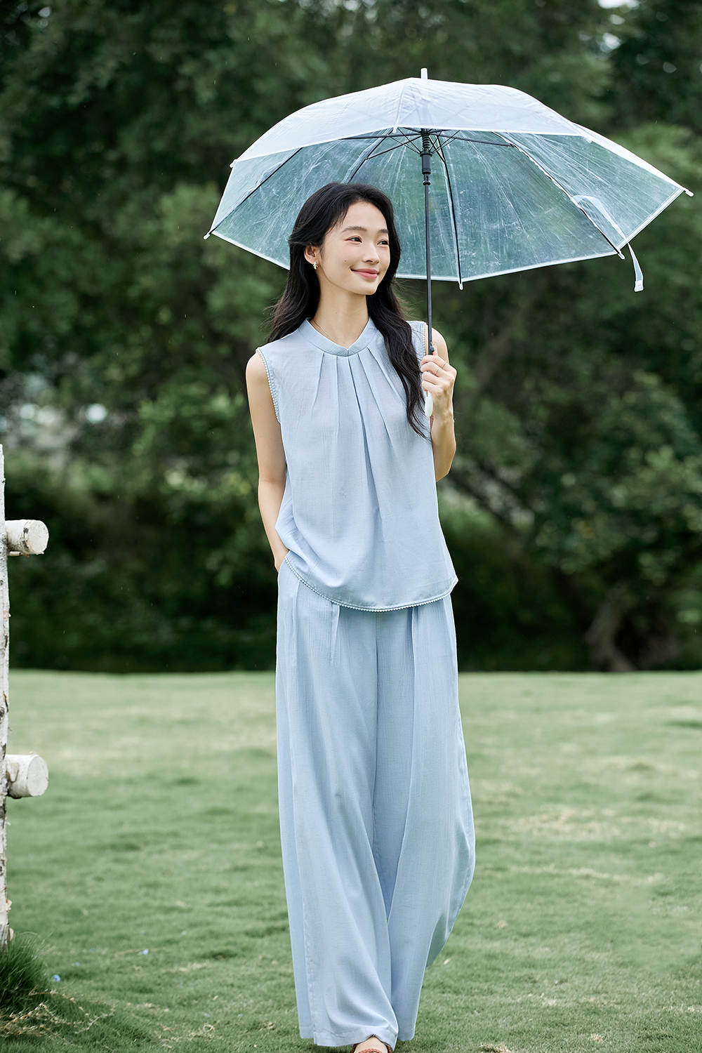 Modern-Chinese Stand-Collar Top & Slimming Wide-Leg Pants Set-VIMLYSTORE
