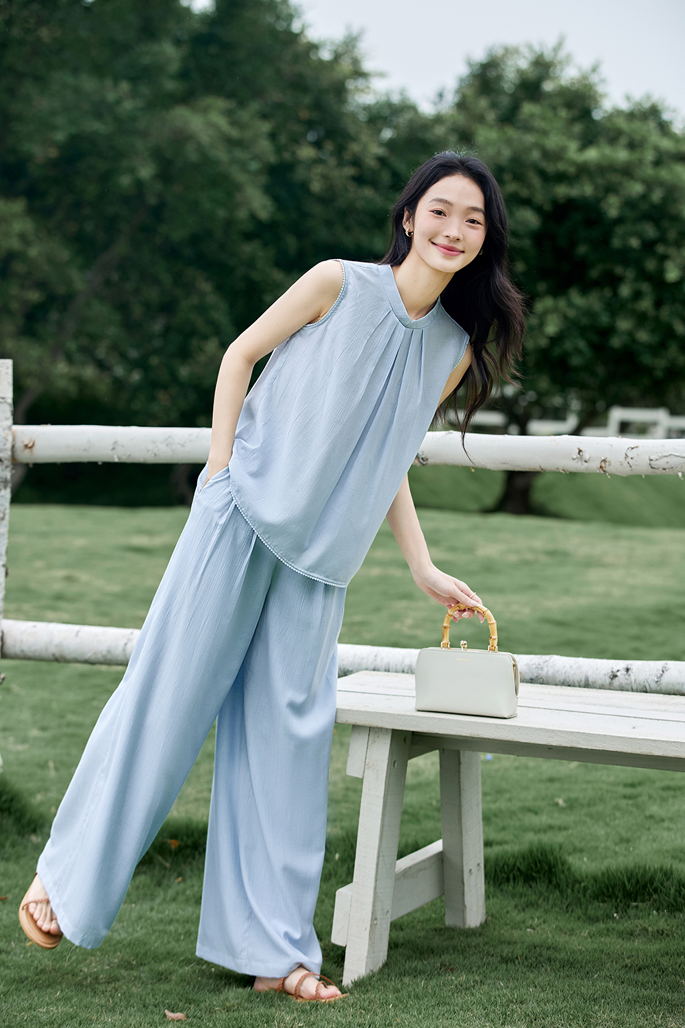 Modern-Chinese Stand-Collar Top & Slimming Wide-Leg Pants Set-VIMLYSTORE