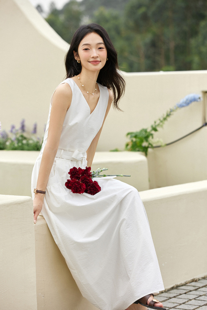 French Elegant V-neck Sleeveless Pleated Dress-VIMLYSTORE