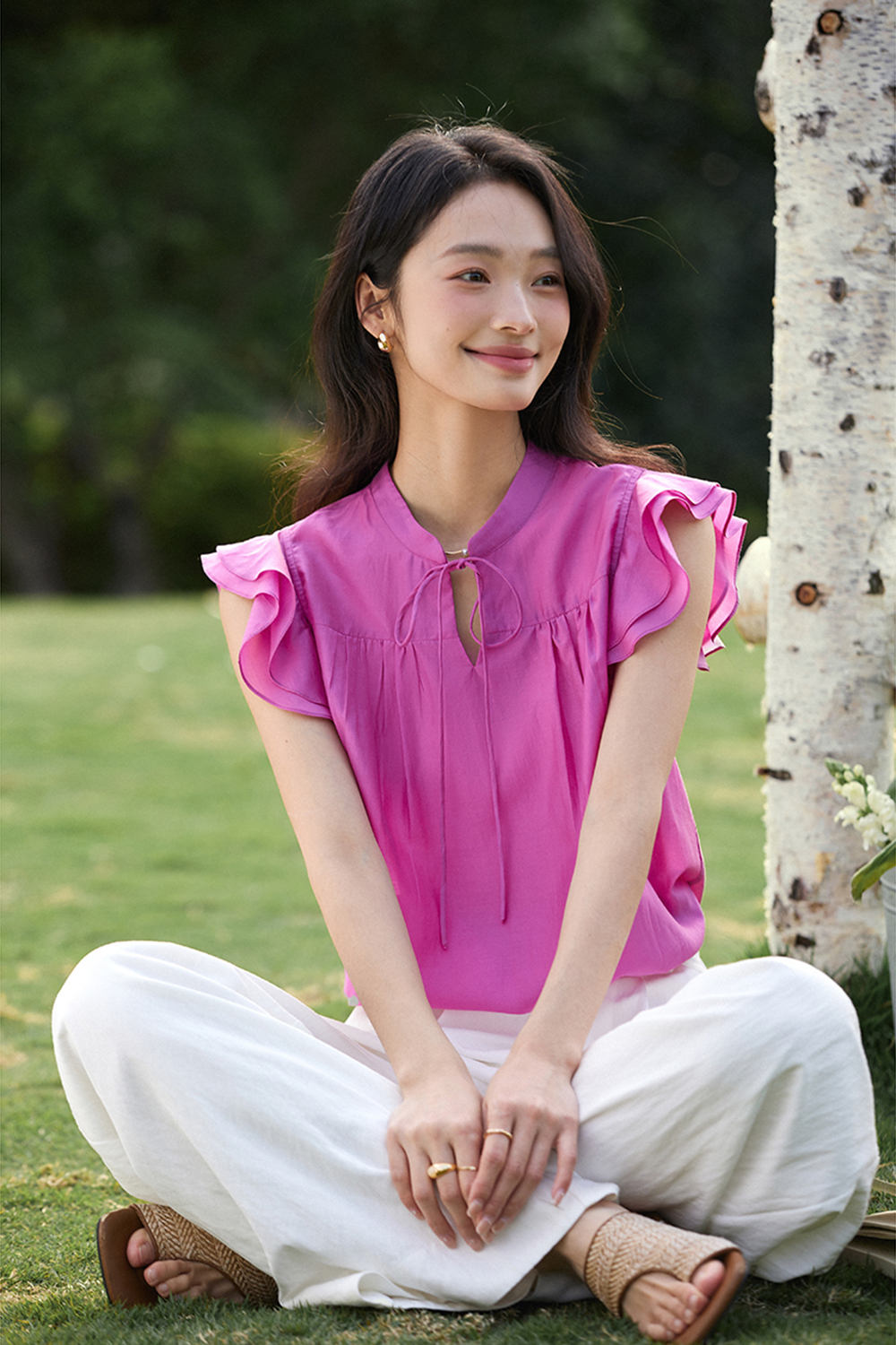 Lyocell Blush Pink Minimalist Office Shirt with Peplum Sleeves & Stand Collar