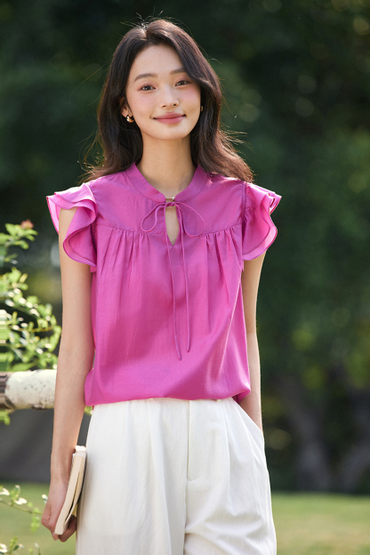 Lyocell Blush Pink Minimalist Office Shirt with Peplum Sleeves & Stand Collar