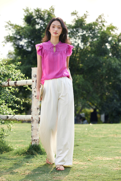 Lyocell Blush Pink Minimalist Office Shirt with Peplum Sleeves & Stand Collar