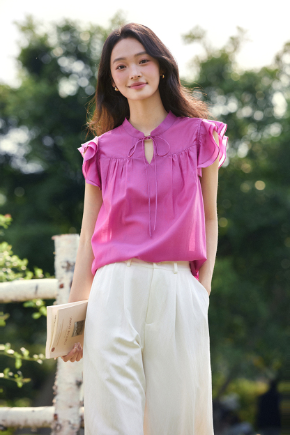 Lyocell Blush Pink Minimalist Office Shirt with Peplum Sleeves & Stand Collar