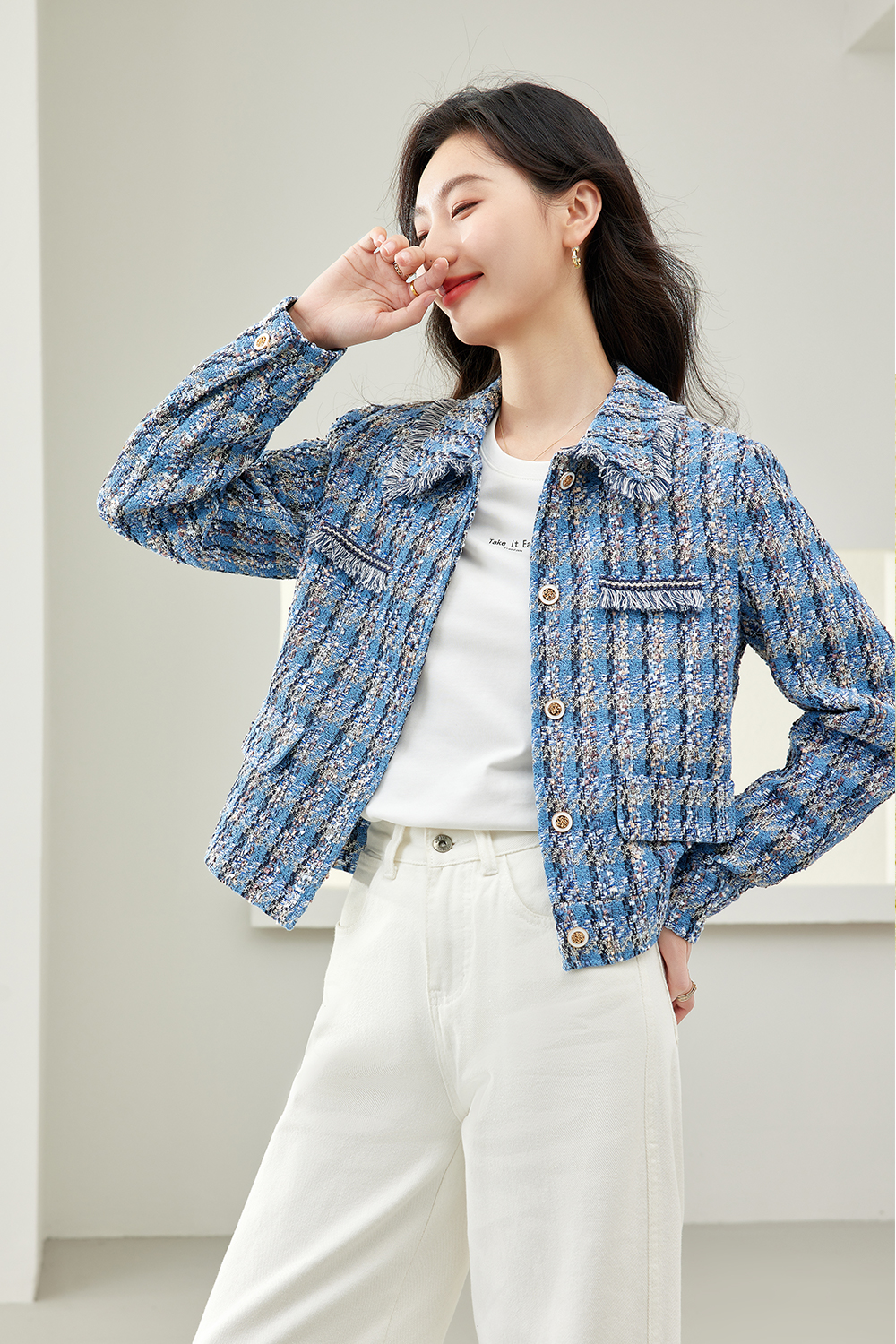 Lapel Blended Checkered Jacket-VIMLYSTORE