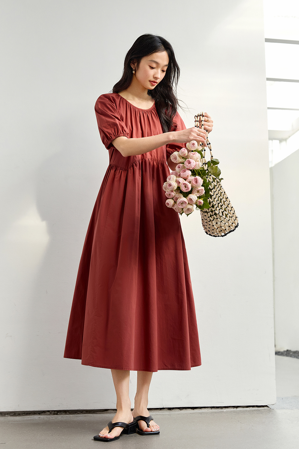 Minimalist Cotton Puff-Sleeve Relaxed Dress-VIMLYSTORE