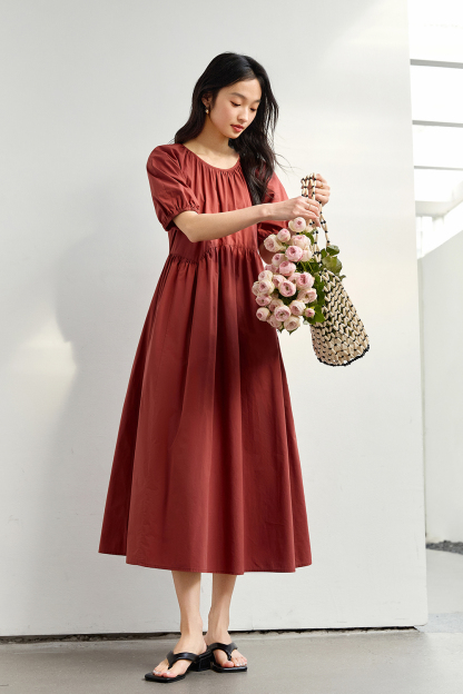 Minimalist Cotton Puff-Sleeve Relaxed Dress-VIMLYSTORE