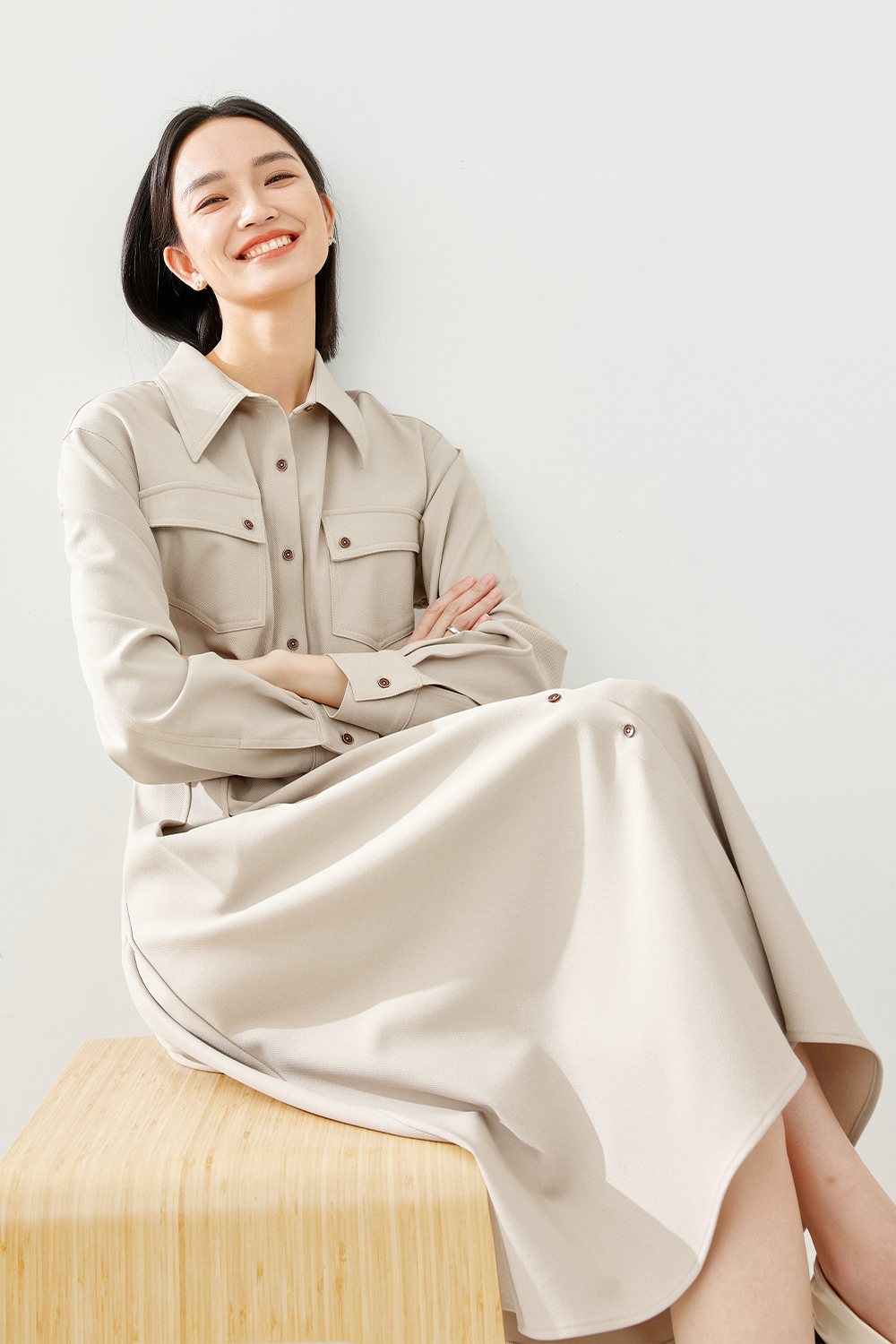 Turn-down Collar Cinched Waist Dress