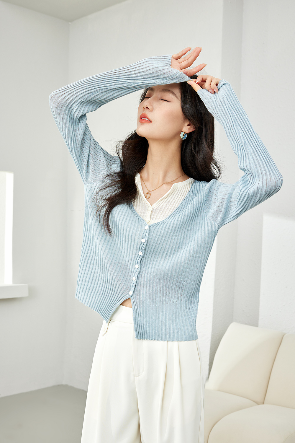 Collar Patchwork with Contrast Knit Cardigan-VIMLYSTORE