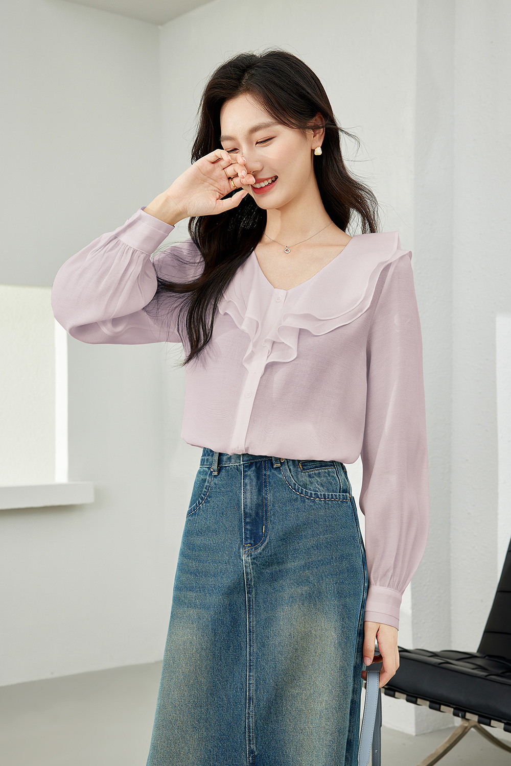 Ruffle Collar Solid Color Chiffon Shirt-VIMLYSTORE