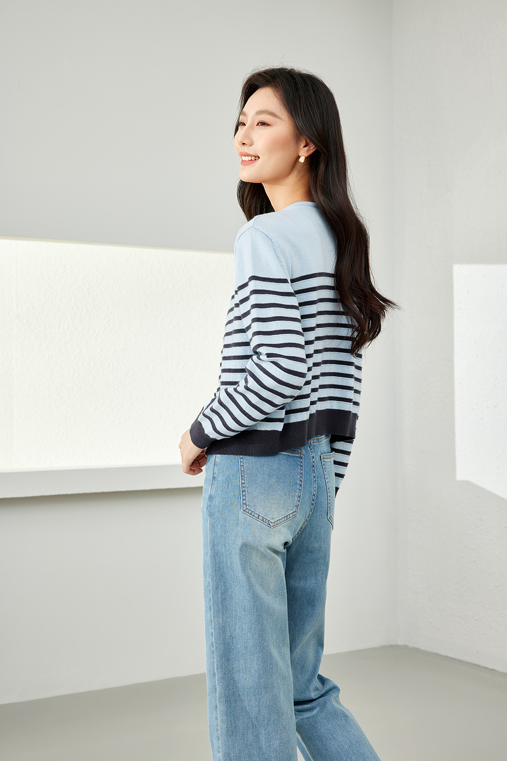 Apricot Blue Striped Knit Cardigan-VIMLYSTORE