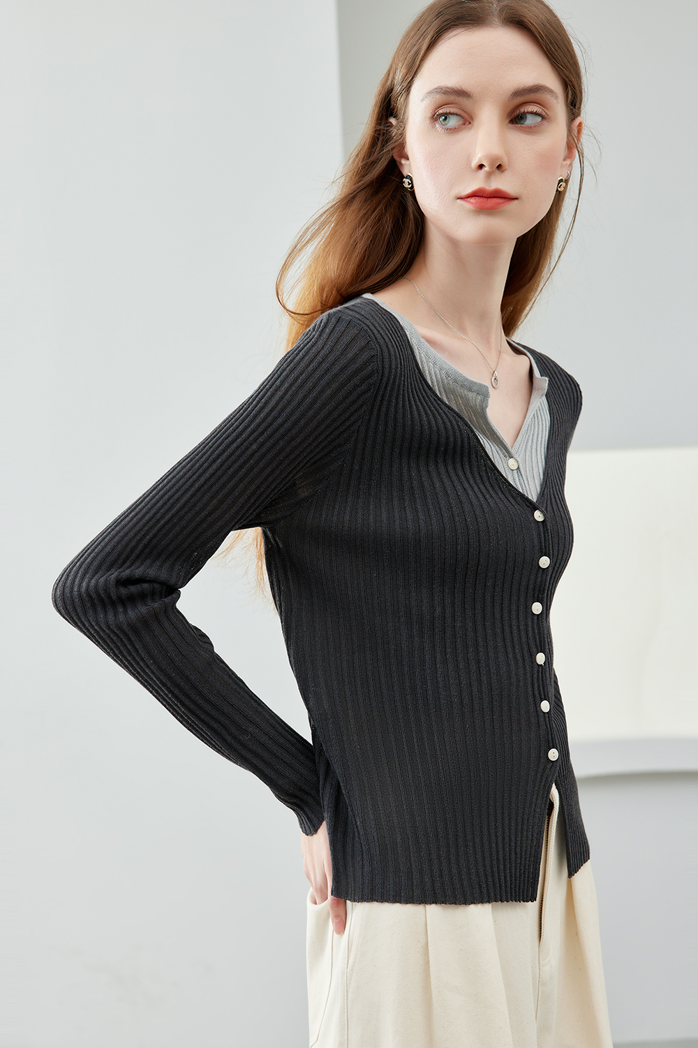 Collar Patchwork with Contrast Knit Cardigan-VIMLYSTORE